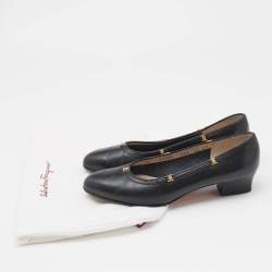 Pre Owned Salvatore Ferragamo Navy Blue Leather Logo Round Toe Pumps Size 37