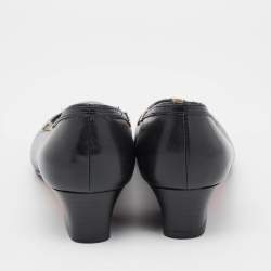 Pre Owned Salvatore Ferragamo Navy Blue Leather Logo Round Toe Pumps Size 37