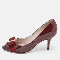 Pre Owned Salvatore Ferragamo Burgundy Patent Leather Vara Bow Peep Toe Pumps Size 36.5