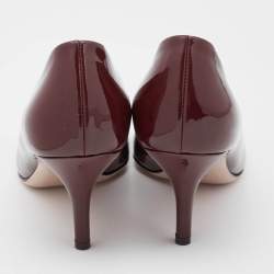 Pre Owned Salvatore Ferragamo Burgundy Patent Leather Vara Bow Peep Toe Pumps Size 36.5
