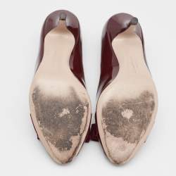 Pre Owned Salvatore Ferragamo Burgundy Patent Leather Vara Bow Peep Toe Pumps Size 36.5