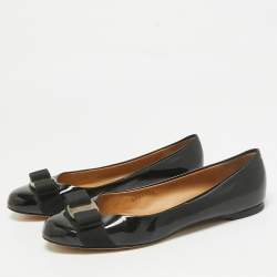 Pre Owned Salvatore Ferragamo Black Patent Leather Vara Bow Ballet Flats Size 36.5