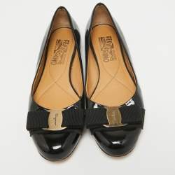 Pre Owned Salvatore Ferragamo Black Patent Leather Vara Bow Ballet Flats Size 36.5