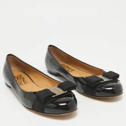Pre Owned Salvatore Ferragamo Black Patent Leather Vara Bow Ballet Flats Size 36.5