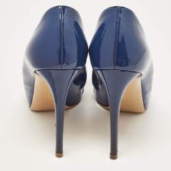 Pre Owned Salvatore Ferragamo Blue Patent Leather Vara Bow Peep Toe Pumps Size 37