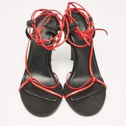 Salvatore Ferragamo Red/Black Leather Strappy Ankle Tie Sandals Size 38.5