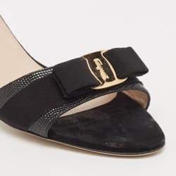 Salvatore Ferragamo Black Lizard Embossed Leather Vara Bow Slide Sandals Size 41