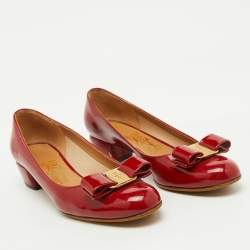 Salvatore Ferragamo Red Patent Leather Vara Bow Pumps Size 37.5