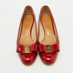 Salvatore Ferragamo Red Patent Leather Vara Bow Pumps Size 37.5