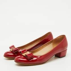 Salvatore Ferragamo Red Patent Leather Vara Bow Pumps Size 37.5