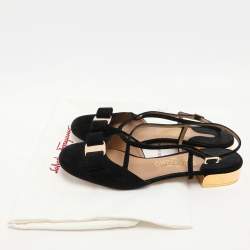 Pre Owned Salvatore Ferragamo Black Suede Vara Bow Ankle Strap Flat Sandals Size 38.5