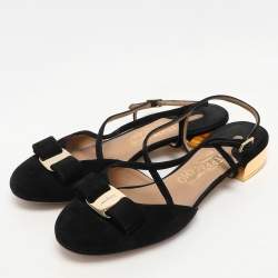 Pre Owned Salvatore Ferragamo Black Suede Vara Bow Ankle Strap Flat Sandals Size 38.5