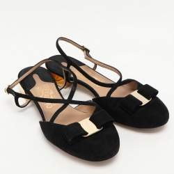 Pre Owned Salvatore Ferragamo Black Suede Vara Bow Ankle Strap Flat Sandals Size 38.5
