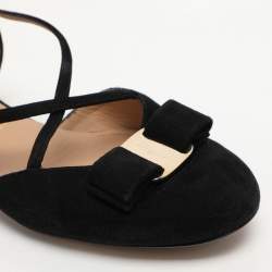 Pre Owned Salvatore Ferragamo Black Suede Vara Bow Ankle Strap Flat Sandals Size 38.5