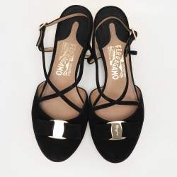 Pre Owned Salvatore Ferragamo Black Suede Vara Bow Ankle Strap Flat Sandals Size 38.5