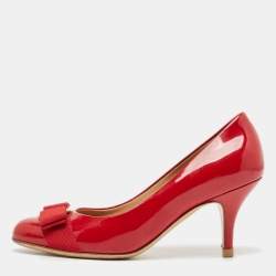Pre Owned Salvatore Ferragamo Red Patent Leather Vara Bow Pumps Size 35