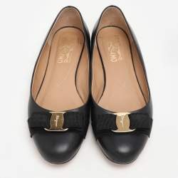 Pre Owned Salvatore Ferragamo Black Leather Vara Bow Ballet Flats Size 38