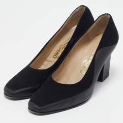 Salvatore Ferragamo Black Leather and Wool Block Heel Pumps Size 38.5