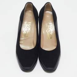 Salvatore Ferragamo Black Leather and Wool Block Heel Pumps Size 38.5