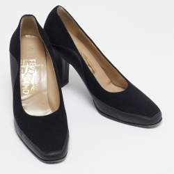 Salvatore Ferragamo Black Leather and Wool Block Heel Pumps Size 38.5