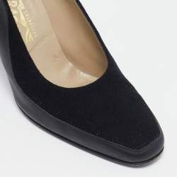 Salvatore Ferragamo Black Leather and Wool Block Heel Pumps Size 38.5