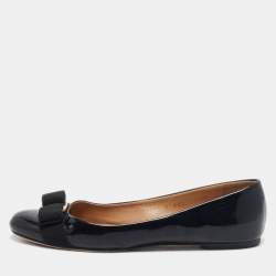 Salvatore Ferragamo Black Patent Leather Vara Bow Ballet Flats Size 37.5