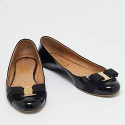 Salvatore Ferragamo Black Patent Leather Vara Bow Ballet Flats Size 37.5