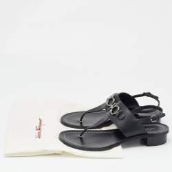 Pre Owned Salvatore Ferragamo Black Leather Thong Slingback Sandals Size 38.5