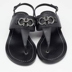 Pre Owned Salvatore Ferragamo Black Leather Thong Slingback Sandals Size 38.5