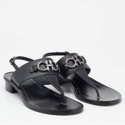 Pre Owned Salvatore Ferragamo Black Leather Thong Slingback Sandals Size 38.5