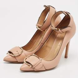 Salvatore Ferragamo Pink Leather Buckle Ankle Strap Pumps Size 36