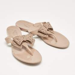 Pre Owned Salvatore Ferragamo Beige Jelly Thong Bow Flats Size 39.5