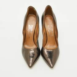 Salvatore Ferragamo Black Lizard Embossed Leather Pointed Toe Pumps Size 41