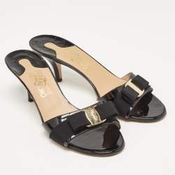 Salvatore Ferragamo Black Patent Leather Glory Bow Slide Sandals Size 40.5