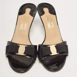 Salvatore Ferragamo Black Patent Leather Glory Bow Slide Sandals Size 40.5