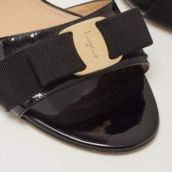 Salvatore Ferragamo Black Patent Leather Glory Bow Slide Sandals Size 40.5