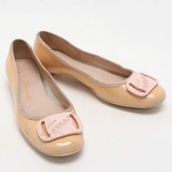 Salvatore Ferragamo Beige Patent Leather Embellished Ballet Flats Size 38