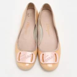 Salvatore Ferragamo Beige Patent Leather Embellished Ballet Flats Size 38
