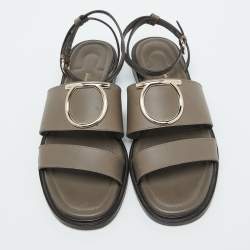 Salvatore Ferragamo Taupe Grey Leather Ankle Strap Flat Sandals Size 38