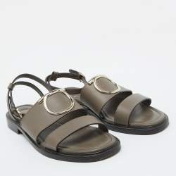 Salvatore Ferragamo Taupe Grey Leather Ankle Strap Flat Sandals Size 38