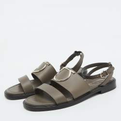 Salvatore Ferragamo Taupe Grey Leather Ankle Strap Flat Sandals Size 38