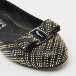 Salvatore Ferragamo Black Leather Studded Varina Bow Ballet Flats Size 37.5