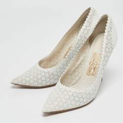 Salvatore Ferragamo White Laser Cut Leather Susi Pointed Toe Pumps Size 38