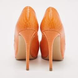 Salvatore Ferragamo Orange Snakeskin Vara Bow Pumps Size 37