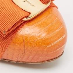 Salvatore Ferragamo Orange Snakeskin Vara Bow Pumps Size 37