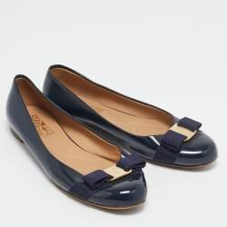 Pre Owned Salvatore Ferragamo Navy Blue Patent Leather Varina Ballet Flats Size 37.5