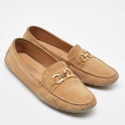 Salvatore Ferragamo Beige Suede Slip On Gancini Loafers Size 40
