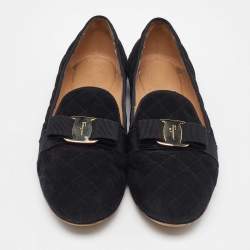 Salvatore Ferragamo Black Suede Vara Bow Smoking Slippers Size 40.5