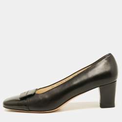 Pre Owned Salvatore Ferragamo Black Leather Bow Block Heel Pumps Size 37