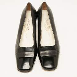 Pre Owned Salvatore Ferragamo Black Leather Bow Block Heel Pumps Size 37